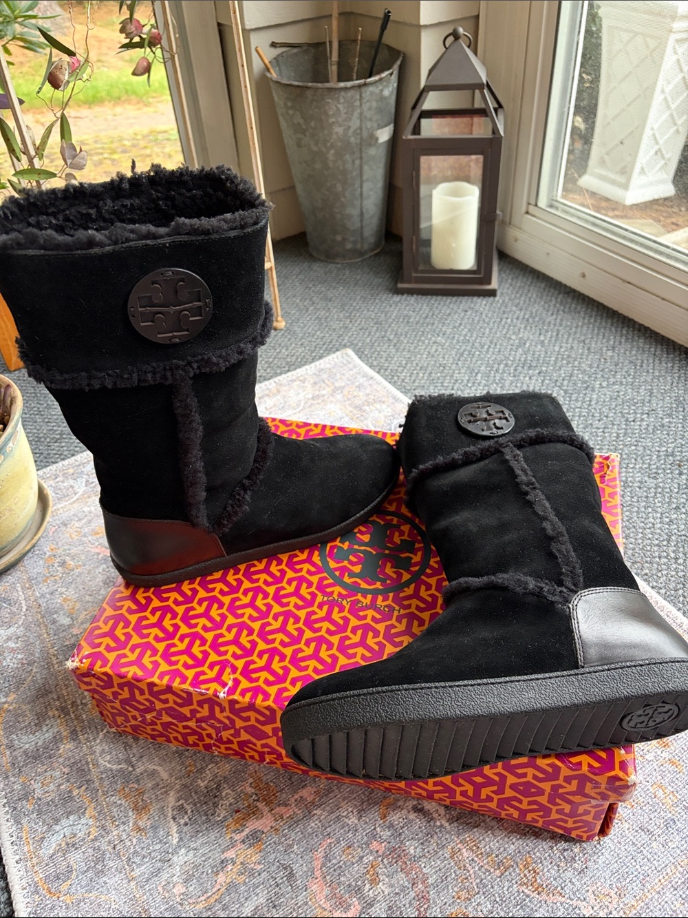 Tory Burch ‘Amelia’ Black Suede Shearling Mid-Calf Logo Boots
